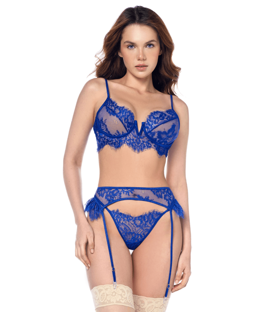 Ensemble sexy 3 pièces bleu intense avec dentelle effet cils 